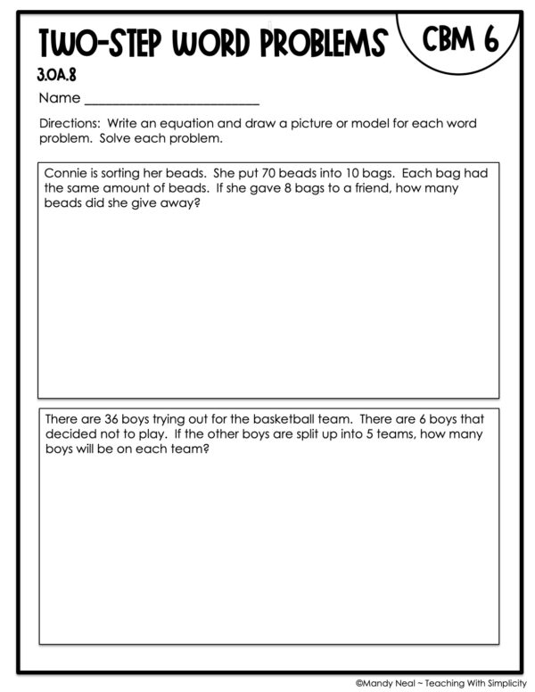 3rd Grade Two-Step Word Problems Intervention Assessment 6