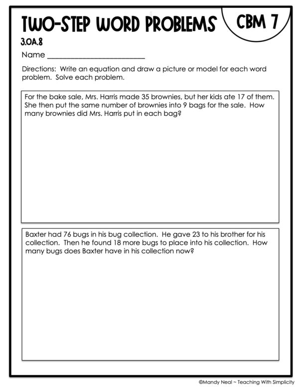 3rd Grade Two-Step Word Problems Intervention Assessment 7