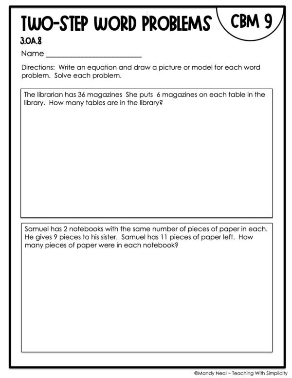 3rd Grade Two-Step Word Problems Intervention Assessment 9