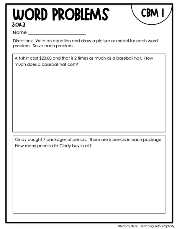 3rd Grade Word Problems Intervention Assessment 1