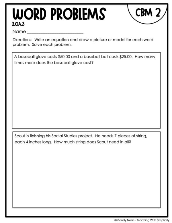 3rd Grade Word Problems Intervention Assessment 2