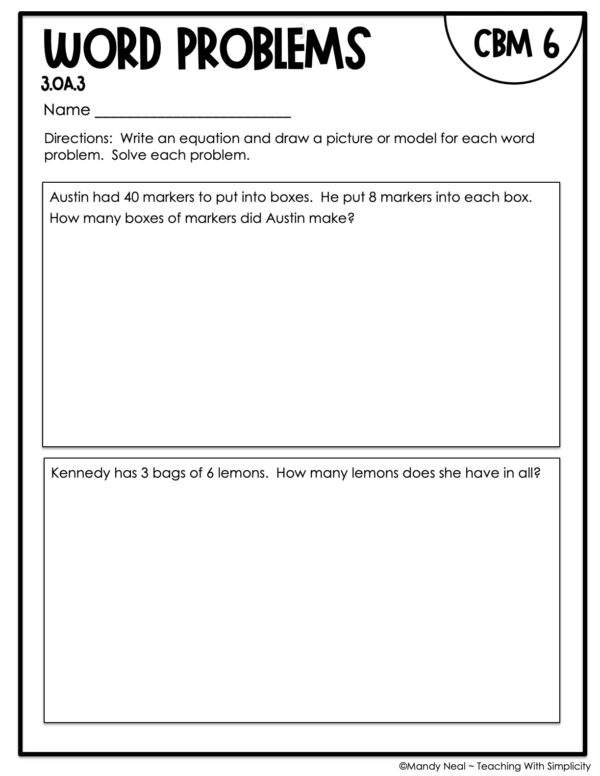 3rd Grade Word Problems Intervention Assessment 6