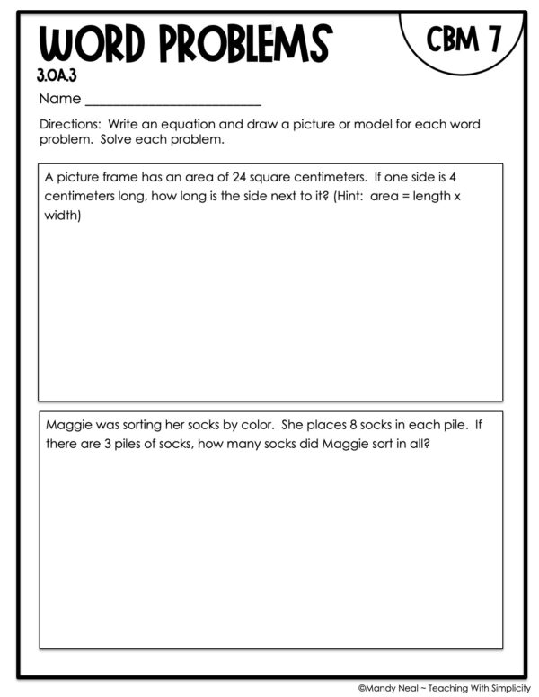 3rd Grade Word Problems Intervention Assessment 7