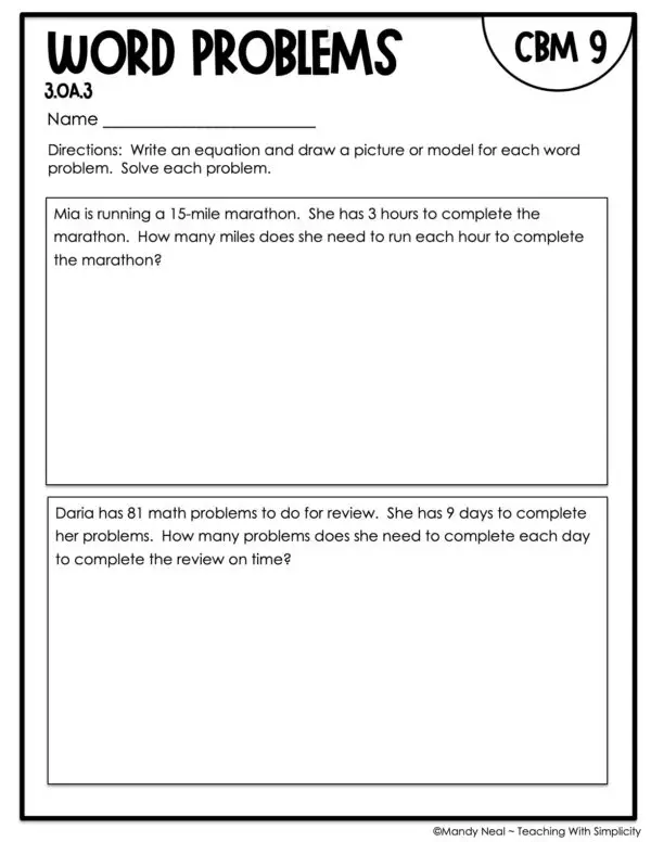 3rd Grade Word Problems Intervention Assessment 9