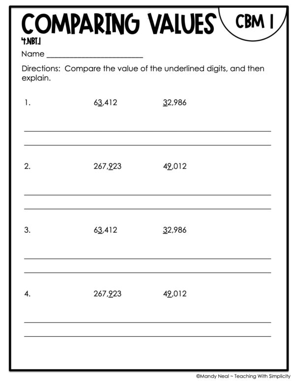 4th Grade Comparing Values Intervention Assessment 1