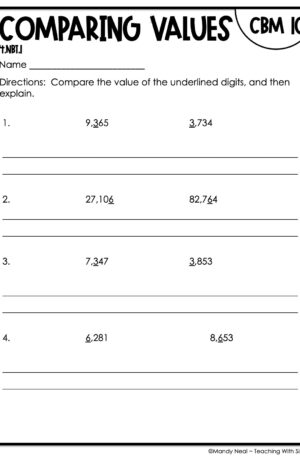 4th Grade Comparing Values Intervention Assessment 10