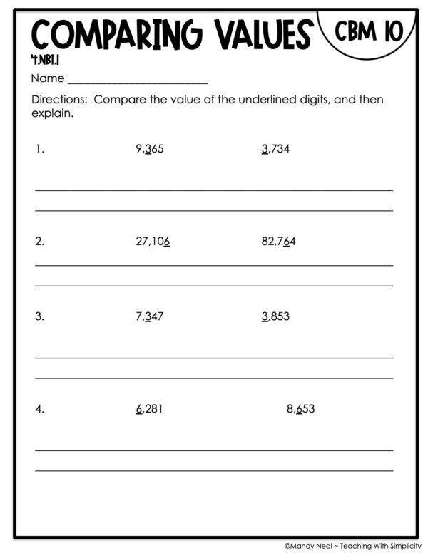 4th Grade Comparing Values Intervention Assessment 10