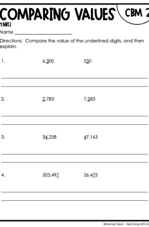 4th Grade Comparing Values Intervention Assessment 2