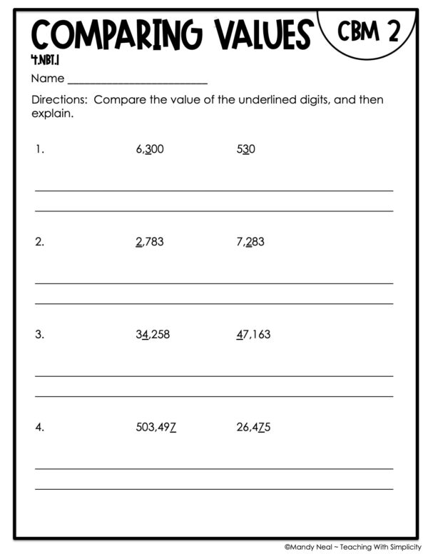 4th Grade Comparing Values Intervention Assessment 2