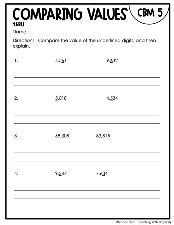 4th Grade Comparing Values Intervention Assessment 5