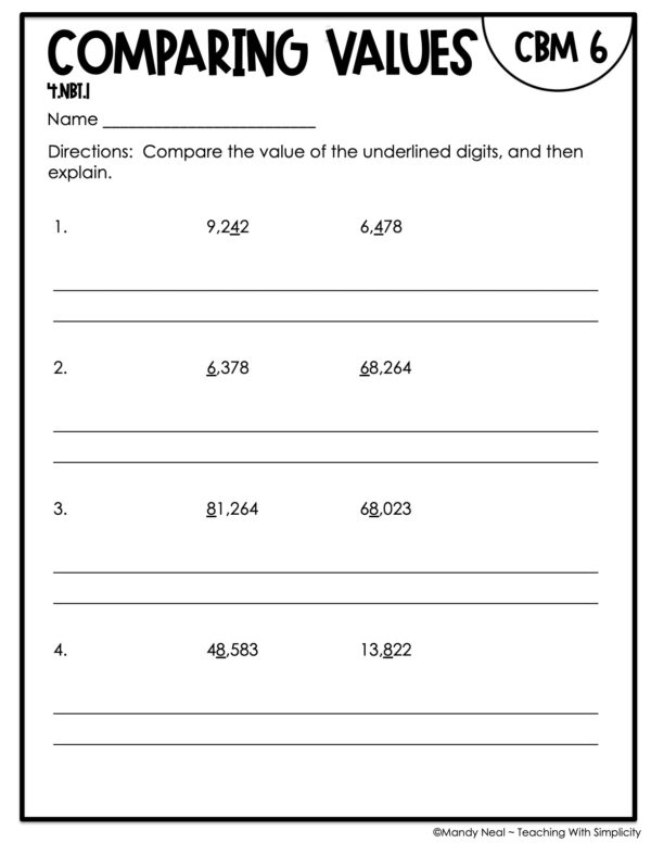 4th Grade Comparing Values Intervention Assessment 6