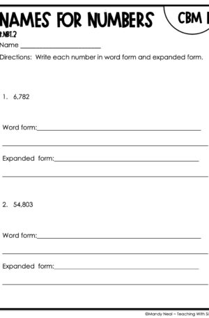 4th Grade Names for Numbers Intervention Assessment 1