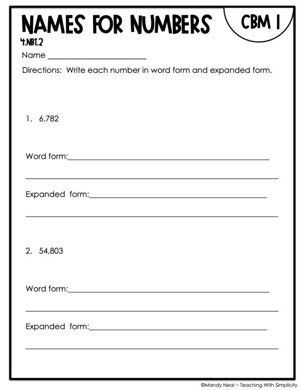 4th Grade Names for Numbers Intervention Assessment 1