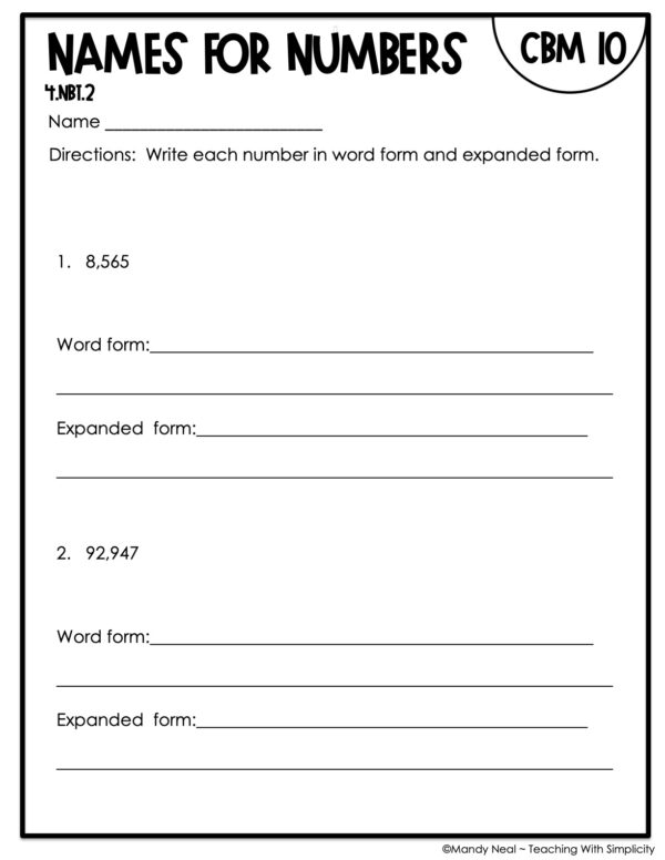 4th Grade Names for Numbers Intervention Assessment 10