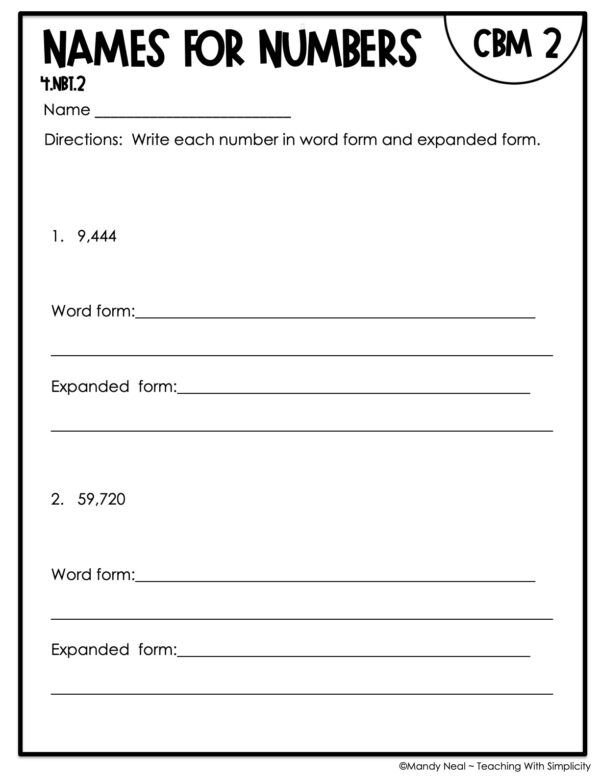 4th Grade Names for Numbers Intervention Assessment 2