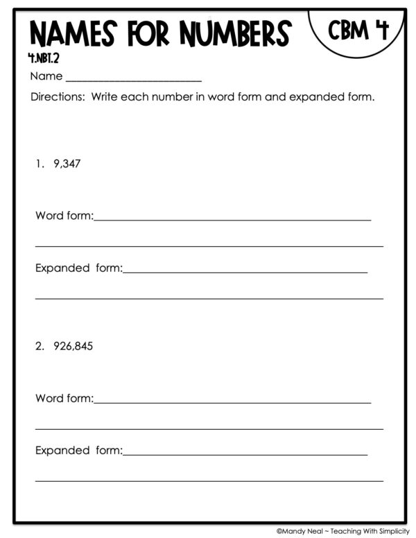 4th Grade Names for Numbers Intervention Assessment 4