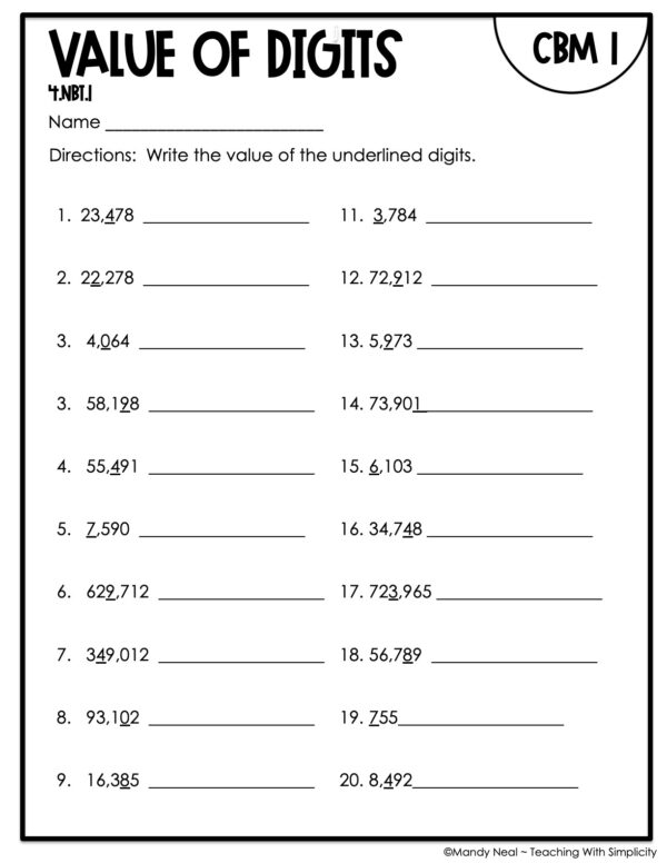 4th Grade Value of Digits Intervention Assessment 1