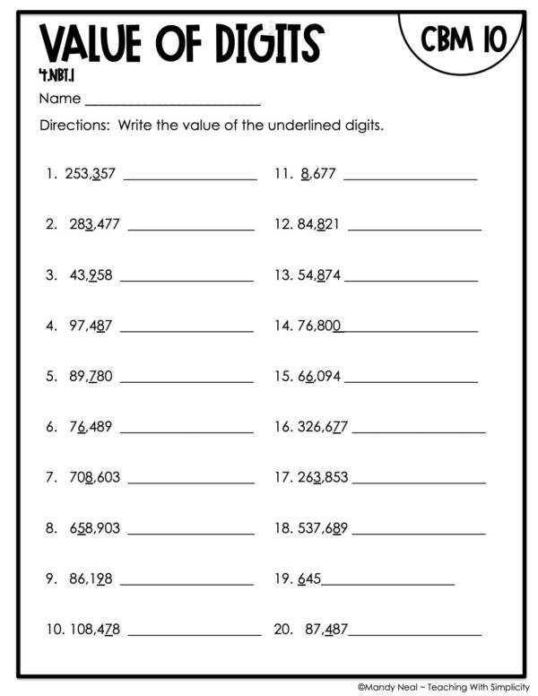 4th Grade Value of Digits Intervention Assessment 10