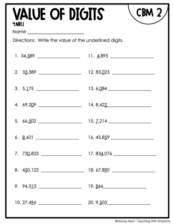 4th Grade Value of Digits Intervention Assessment 2