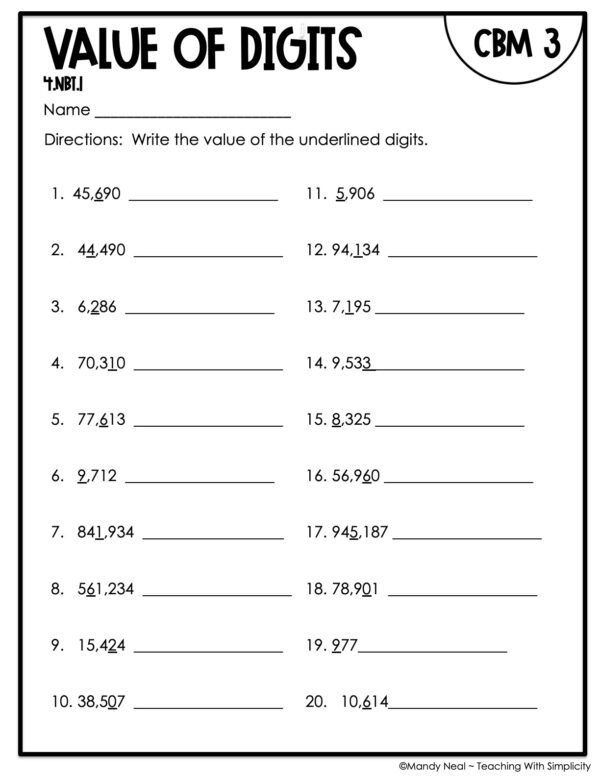 4th Grade Value of Digits Intervention Assessment 3