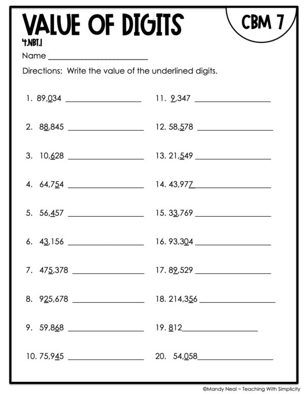 4th Grade Value of Digits Intervention Assessment 7