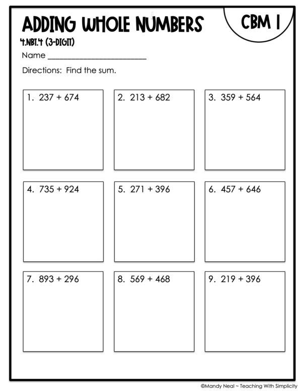 4th Grade Adding Whole Numbers (3-Digit) Intervention Assessment 1