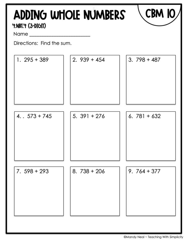 4th Grade Adding Whole Numbers (3-Digit) Intervention Assessment 10