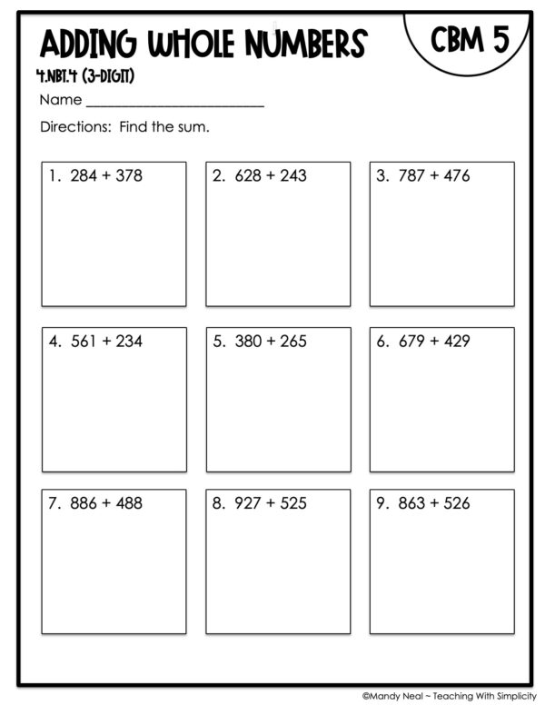 4th Grade Adding Whole Numbers (3-Digit) Intervention Assessment 5