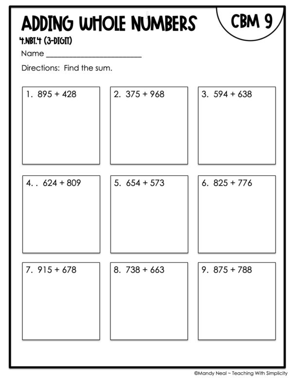 4th Grade Adding Whole Numbers (3-Digit) Intervention Assessment 9