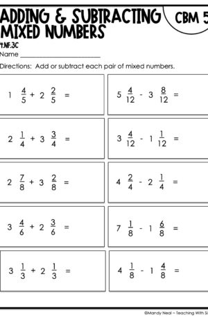 4th Grade Adding and Subtracting Mixed Numbers Intervention Assessment 5