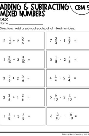 4th Grade Adding and Subtracting Mixed Numbers Intervention Assessment 9