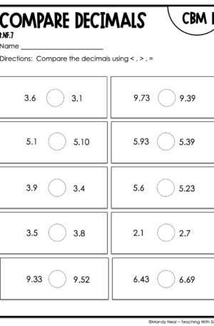 4th Grade Compare Decimals Intervention Assessment 1