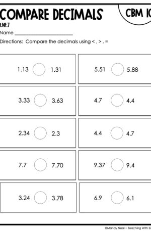 4th Grade Compare Decimals Intervention Assessment 10