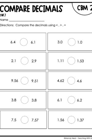 4th Grade Compare Decimals Intervention Assessment 2