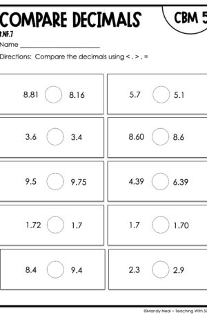 4th Grade Compare Decimals Intervention Assessment 5
