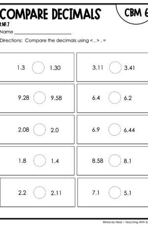 4th Grade Compare Decimals Intervention Assessment 6