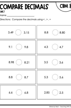 4th Grade Compare Decimals Intervention Assessment 8