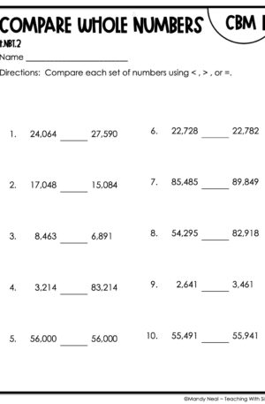 4th Grade Compare Whole Numbers Intervention Assessment 1