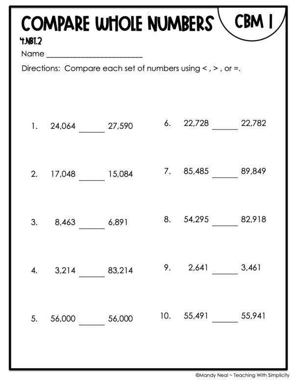 4th Grade Compare Whole Numbers Intervention Assessment 1