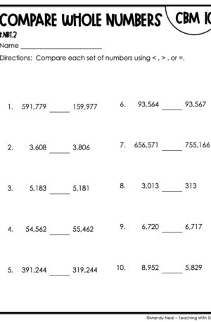 4th Grade Compare Whole Numbers Intervention Assessment 10