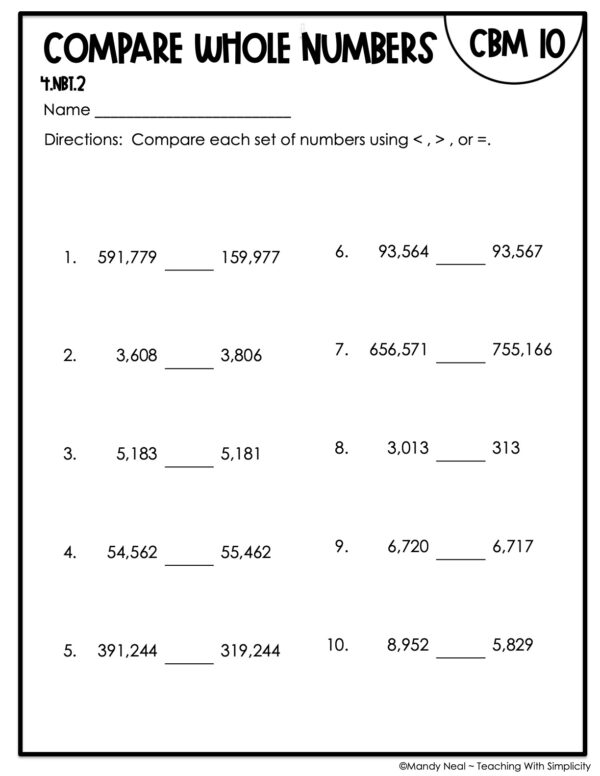 4th Grade Compare Whole Numbers Intervention Assessment 10