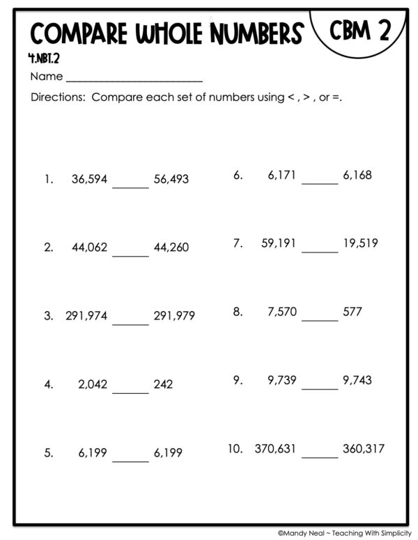 4th Grade Compare Whole Numbers Intervention Assessment 2