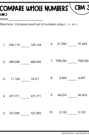 4th Grade Compare Whole Numbers Intervention Assessment 3