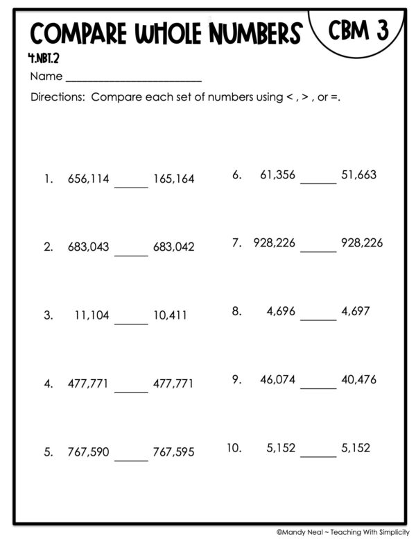 4th Grade Compare Whole Numbers Intervention Assessment 3