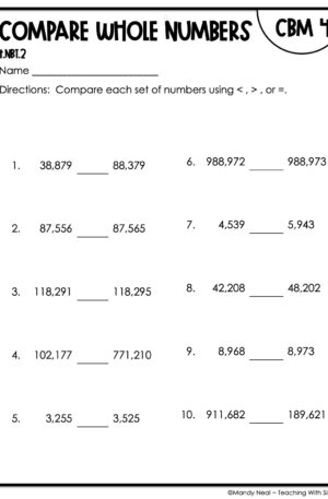 4th Grade Compare Whole Numbers Intervention Assessment 4