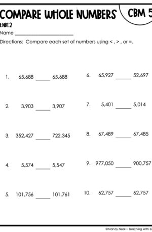 4th Grade Compare Whole Numbers Intervention Assessment 5