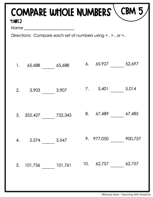 4th Grade Compare Whole Numbers Intervention Assessment 5