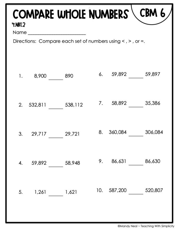 4th Grade Compare Whole Numbers Intervention Assessment 6