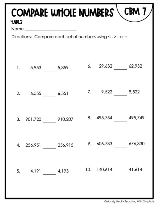 4th Grade Compare Whole Numbers Intervention Assessment 7