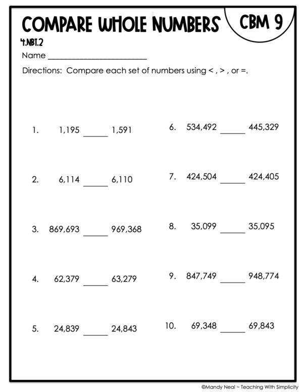 4th Grade Compare Whole Numbers Intervention Assessment 9